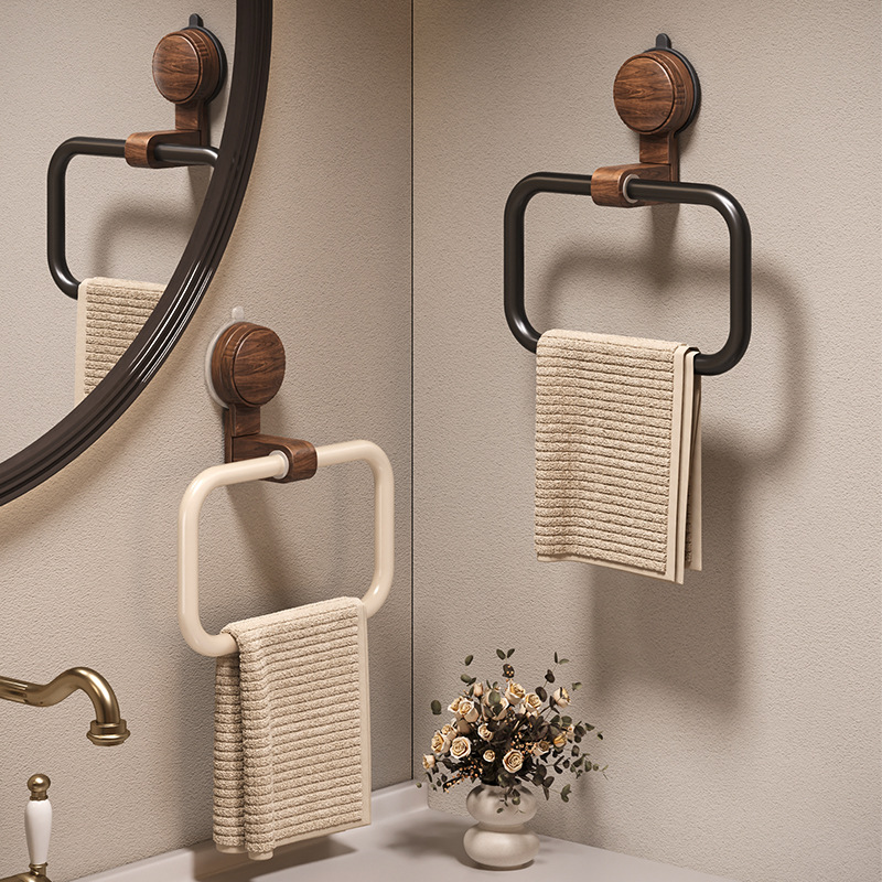 Towel Ring Suction Cup Bath Hanging Suction Cup Wood Towel Rack Bathroom Suction Bar