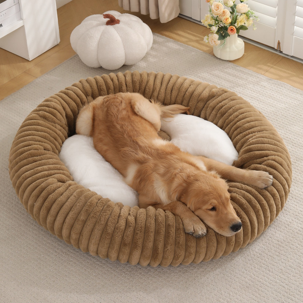 Anti Slip Fluffy Corduroy Winter Soft Washable Luxury Donut Dog Bed Large Sized Round Dog Beds