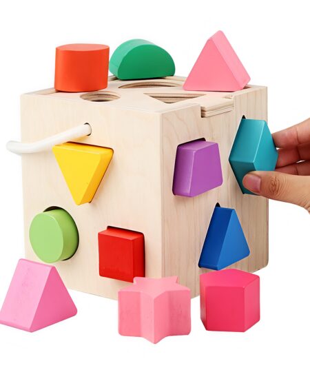 Classic Wood Educational Sorting Game Shape Sorting Cube Stacking Building Learning Toy for Kids Shape Matching Game