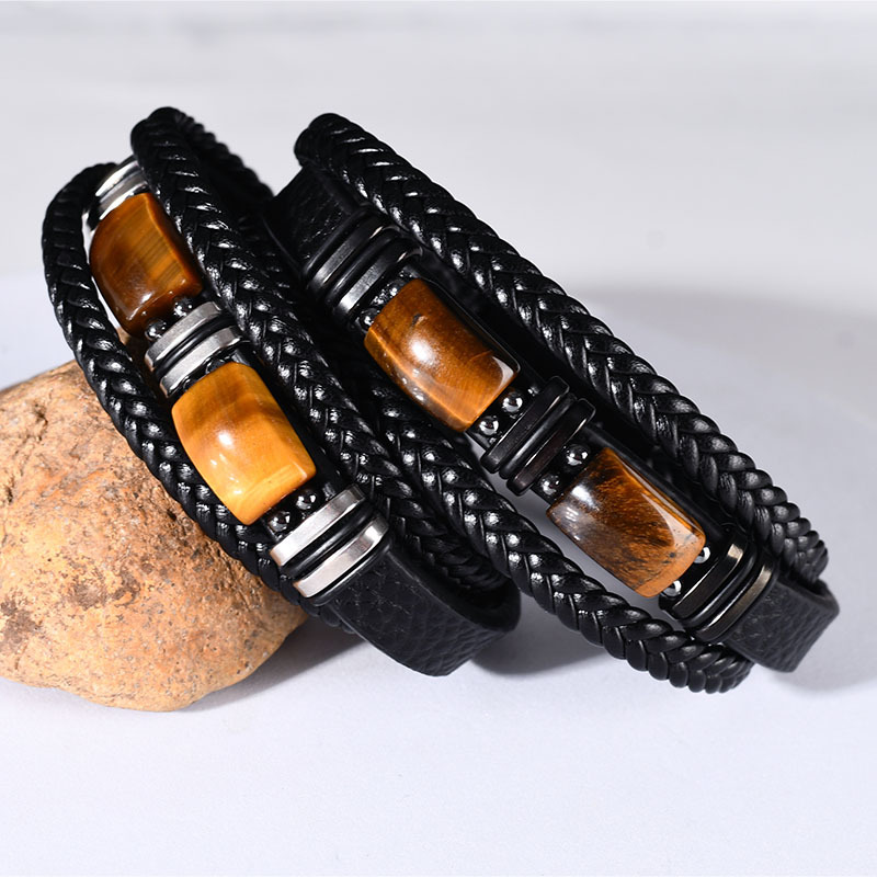 Eye Stone Handmade Crystal Bracelets Fashion Personalized Tiger Eye Leather Bracelet for Mens Jewelry
