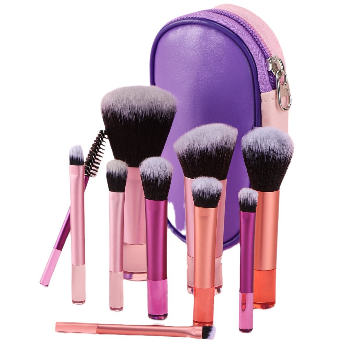 Colorful Easy-taken Mini 10 Pcs Mini Travel Makeup Brush Set Portable Cosmetic Brushes with Brush Pouch