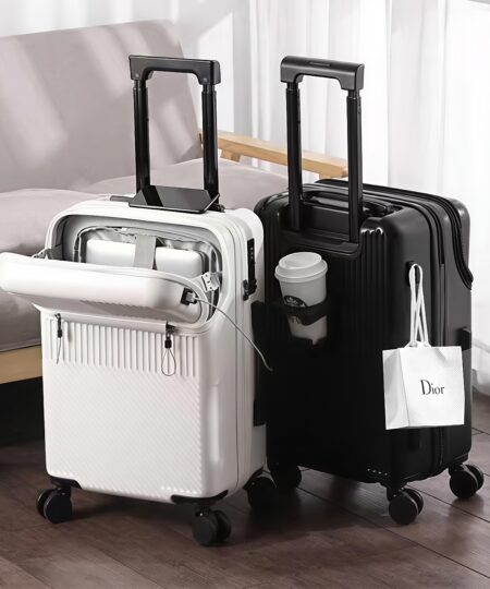 Unisex Front-opening Lightweight Luggage Carry on Suitcase with USB Charging Port and Cup Holder